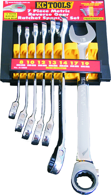 7 Piece Spanner Set, Reverse Gear Ratchet, 8mm - 19mm