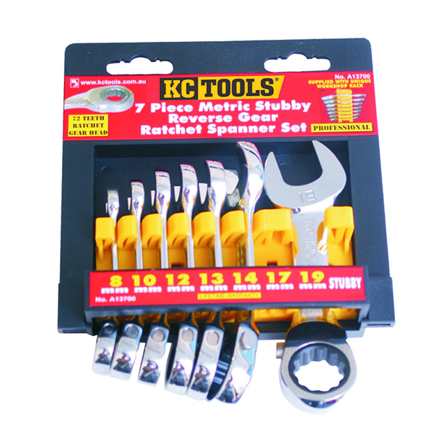 7 Piece Spanner Set, Reverse Gear Ratchet Stubby, 8mm - 19mm