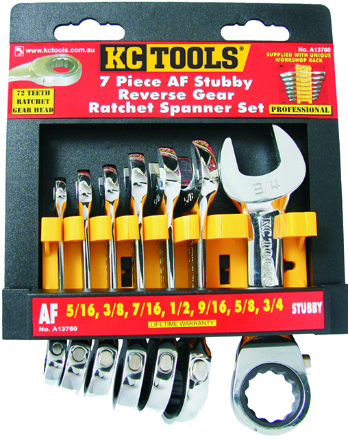 7 Piece Spanner Set, Reverse Gear Ratchet Stubby, 5/16 - 3/4