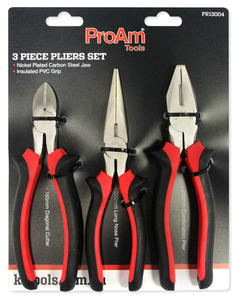 3 Piece Pliers, 185mm Diagonal Cutting, 200mm Long Nose, 200mm Combination